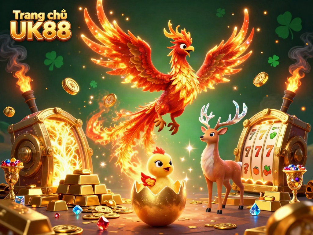 Experience excitement at Trang chủ UK88 with a vibrant illustration of phoenixes and gold treasures in a casino.