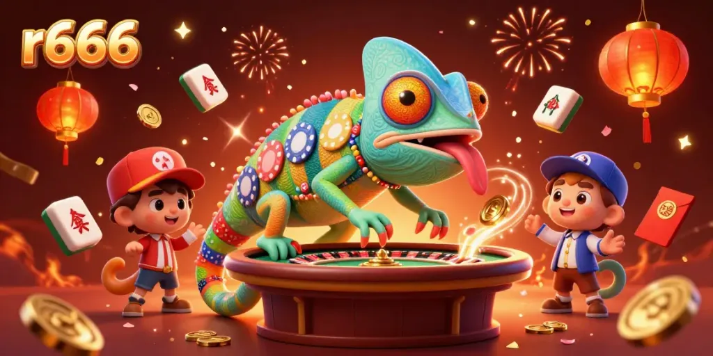 Engage with r666 at a vibrant casino scene featuring a chameleon owner and dynamic game elements.
