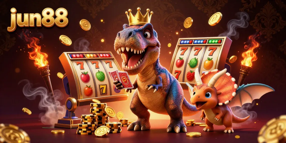Engaging jun88 casino scene showcasing a T-Rex shuffling cards, with vibrant slot reels and golden chips.