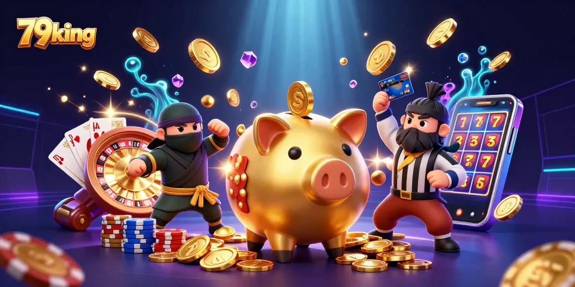 Engaging scene of 79king with a golden sumo wrestler and ninja amidst dynamic casino elements bursting with action.
