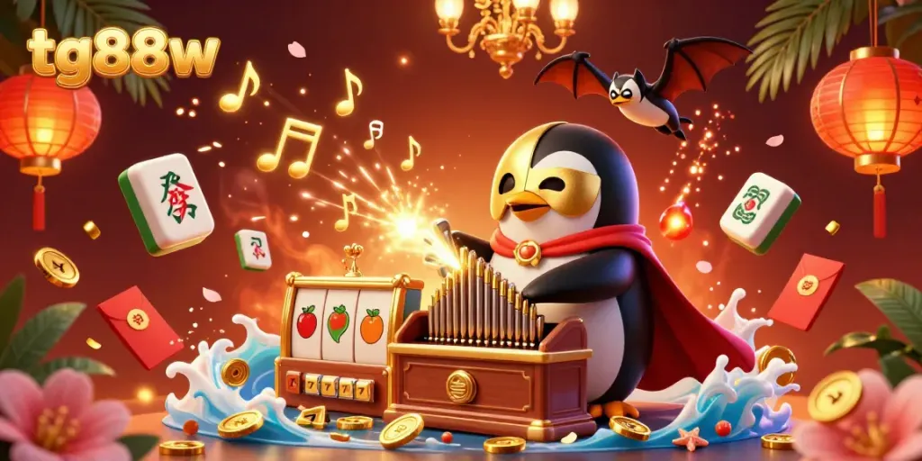 Experience thrilling gameplay with tg88w as a penguin plays an organ shooting coins among festive elements.