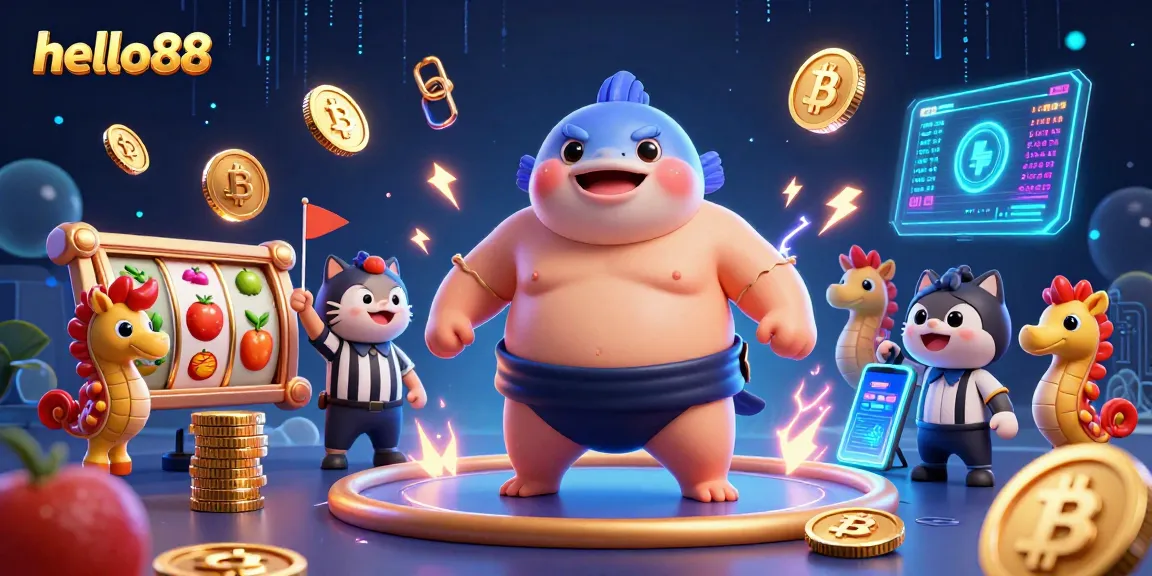 Engage with hello88's vibrant underwater slot gaming scene featuring a fugu, catfish referee, and lively seahorse spectators.