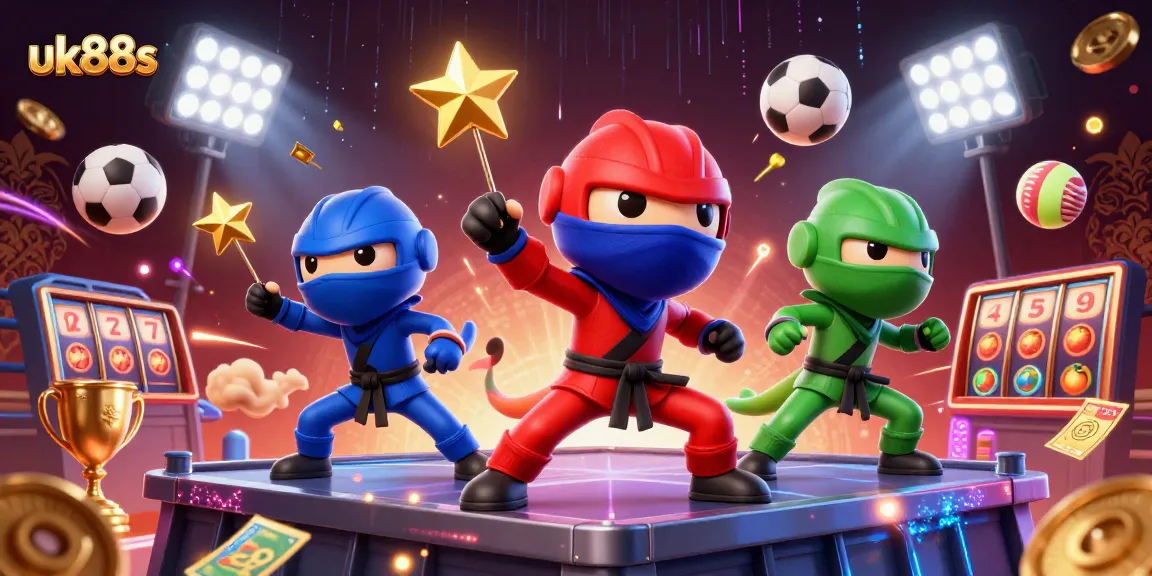 Experience the thrills of uk88s with a dynamic 3D casino scene featuring ninja chameleons and vibrant game elements.