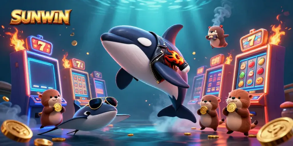 Experience exhilarating gameplay at SUNWIN with a vibrant underwater casino scene featuring dynamic characters and slot machines.