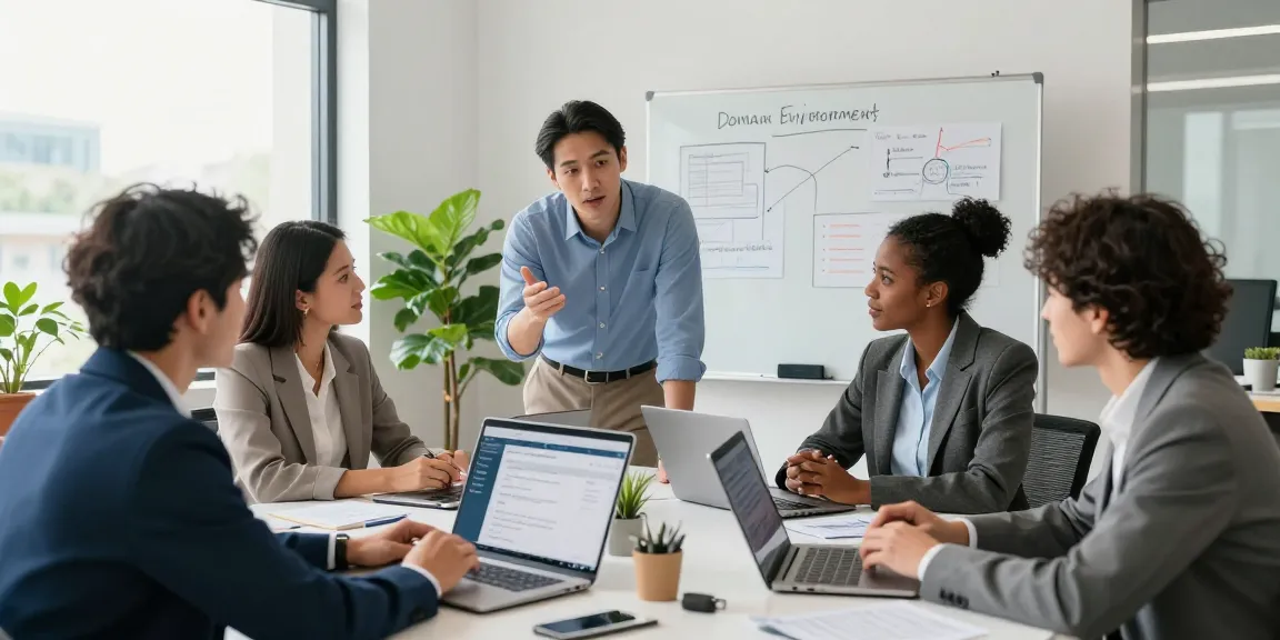 Domeinnaam registreren met professioneel team tijdens vergadering in moderne kantooromgeving.