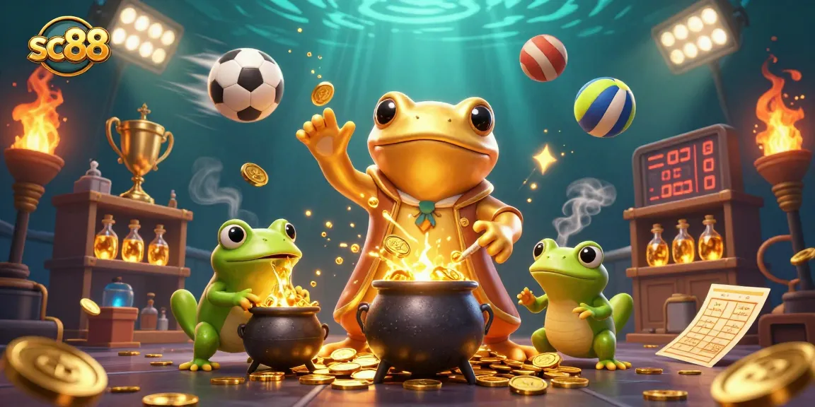Experience the magic of sc88 with an alchemist creating gold, surrounded by dynamic sports elements.