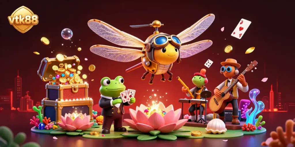 Experience thrilling gaming adventures with vtk88 at a lily pad casino with playful characters and vibrant treasures.