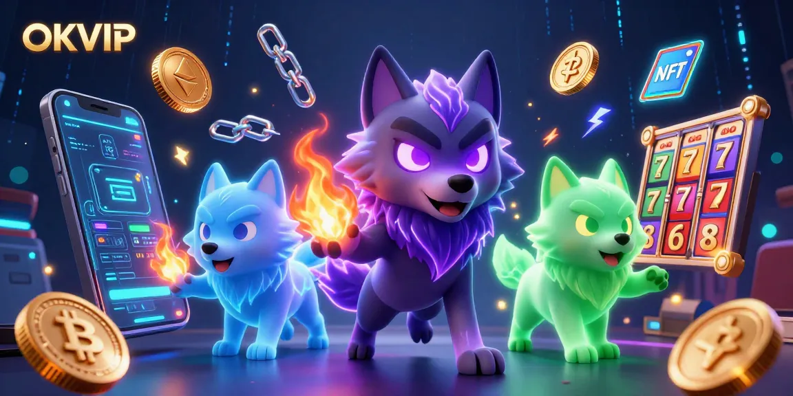 OKVIP's vibrant casino success illustrated as ghostly wolves amidst glowing crypto coins.
