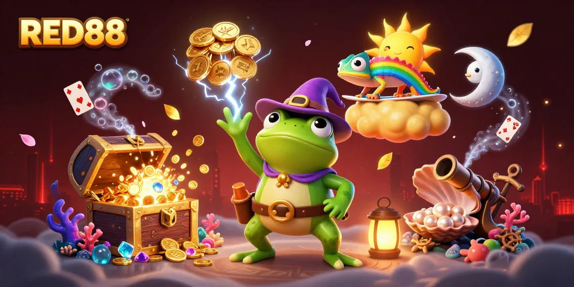 Engage with RED88's thrilling games as the weather wizard frog conjures golden coins amidst vibrant casino elements.