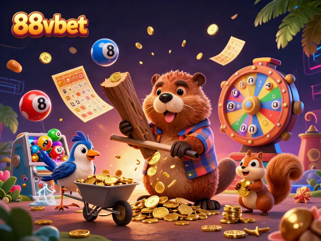 Play games at 88vbet and watch golden coins rain down from a chopping tree in a vibrant scene.