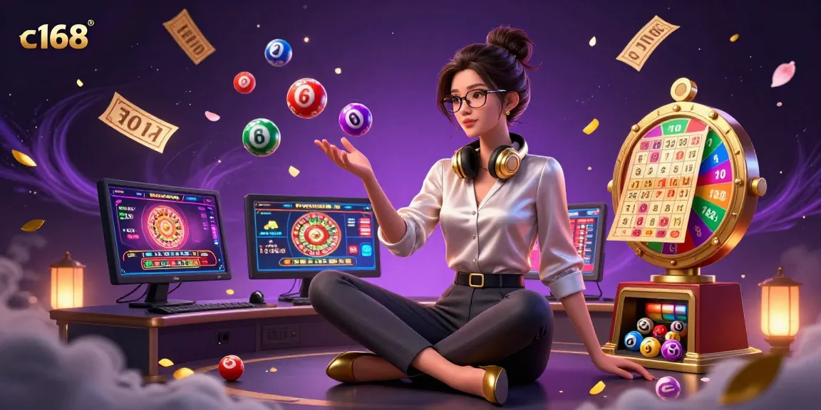 C168 players enjoying diverse casino games with vibrant lottery elements and a high-tech setup.