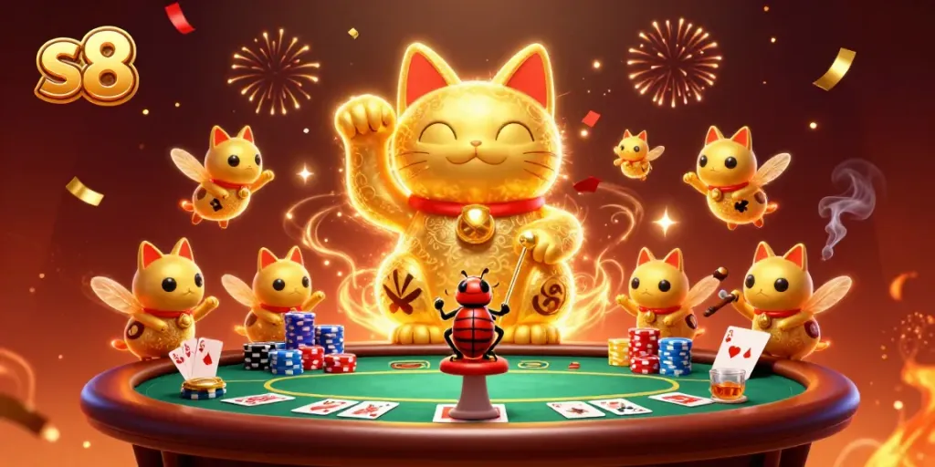 Experience the vibrant casino world at S8 with animated lucky cat and betting elements.