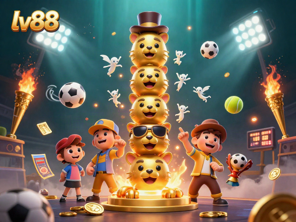 Engage in thrilling lv88 gaming with a vibrant 3D illustration featuring a mystical totem pole and dynamic sports elements.