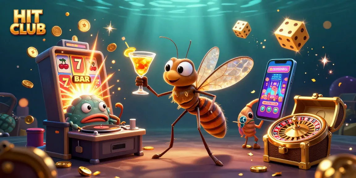 Engage with HIT CLUB and discover vibrant online casino elements featuring a playful mosquito mascot amid a whirlwind of gaming excitement.