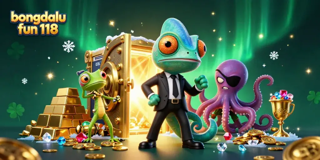 Engage with bongdalu fun 118's dynamic scene showcasing a colorful chameleon and tech-gecko experiencing thrilling action.