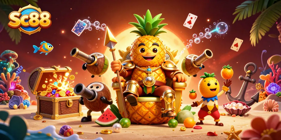 Engage with Sc88's vibrant 3D casino scene featuring a golden pineapple king and dynamic game elements.