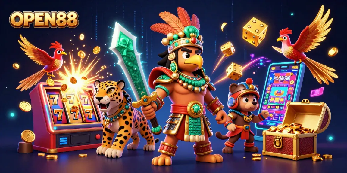 Spin the reels at OPEN88 with vibrant characters and jackpot excitement in a colorful casino scene.