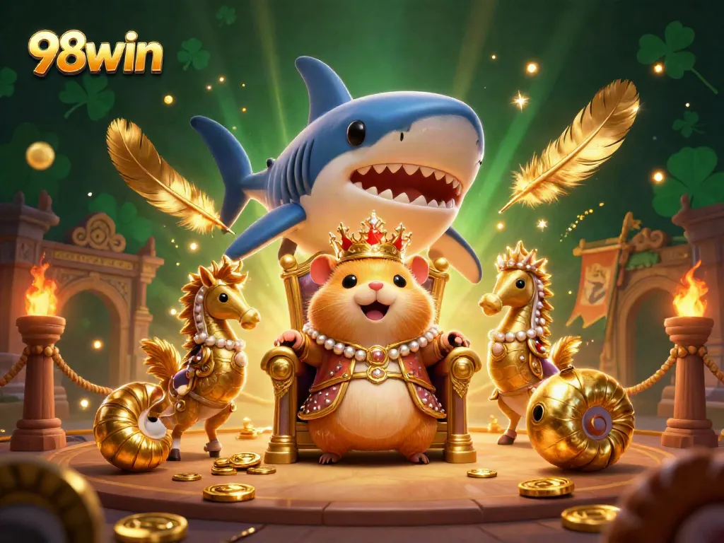 Join the adventure with 98win's captivating golden hamster king in an epic gambling arena scene.