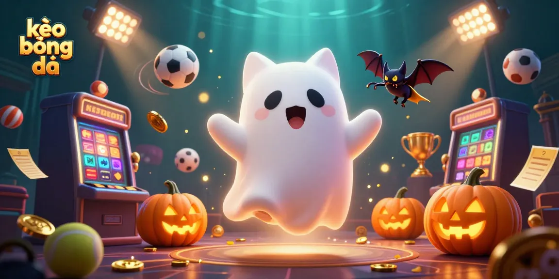 Engage with kèo bóng đá in this vibrant 3D illustration depicting sports elements and a ghost cat in action.