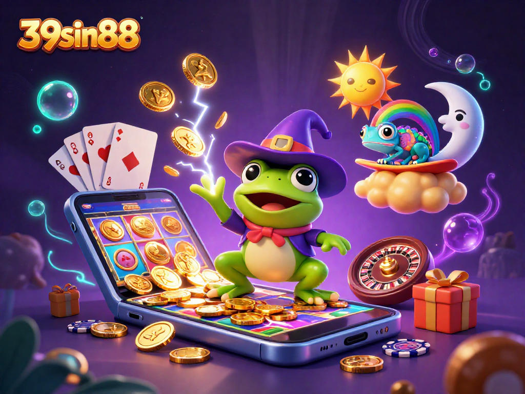 Experience 39sin88 with a wizard frog and chameleon amidst a vibrant casino scene filled with riches.