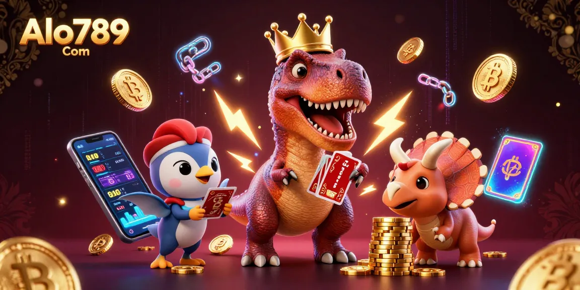 Engage with the vivid Alo789 Com scene featuring characters gambling with crypto coins and vibrant casino elements.