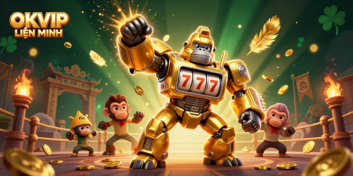 Experience the thrill of OKVIP LIÊN MINH with a dynamic 3D casino illustration showcasing engaging gaming elements.