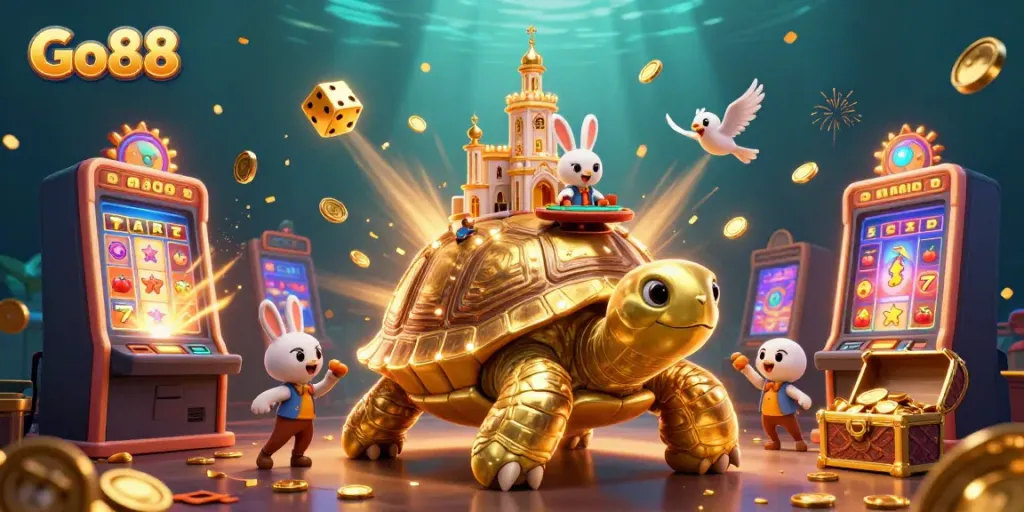 Experience exciting gaming at Go88 with vibrant visuals of a golden casino tortoise.