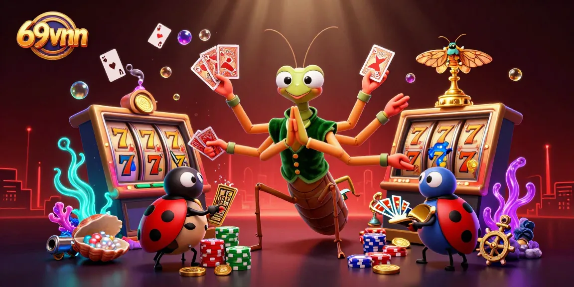 Engage with the thrilling world of 69vnn, where a giant mantis deals cards amidst a vibrant casino atmosphere.