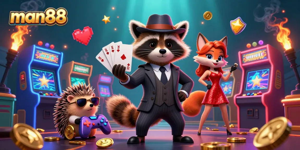 Experience thrilling adventures with man88 in this vibrant casino-themed 3D illustration.