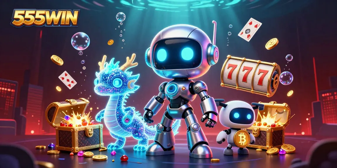 Engage with the thrilling 555WIN gaming experience featuring exciting slot machines and vibrant characters.
