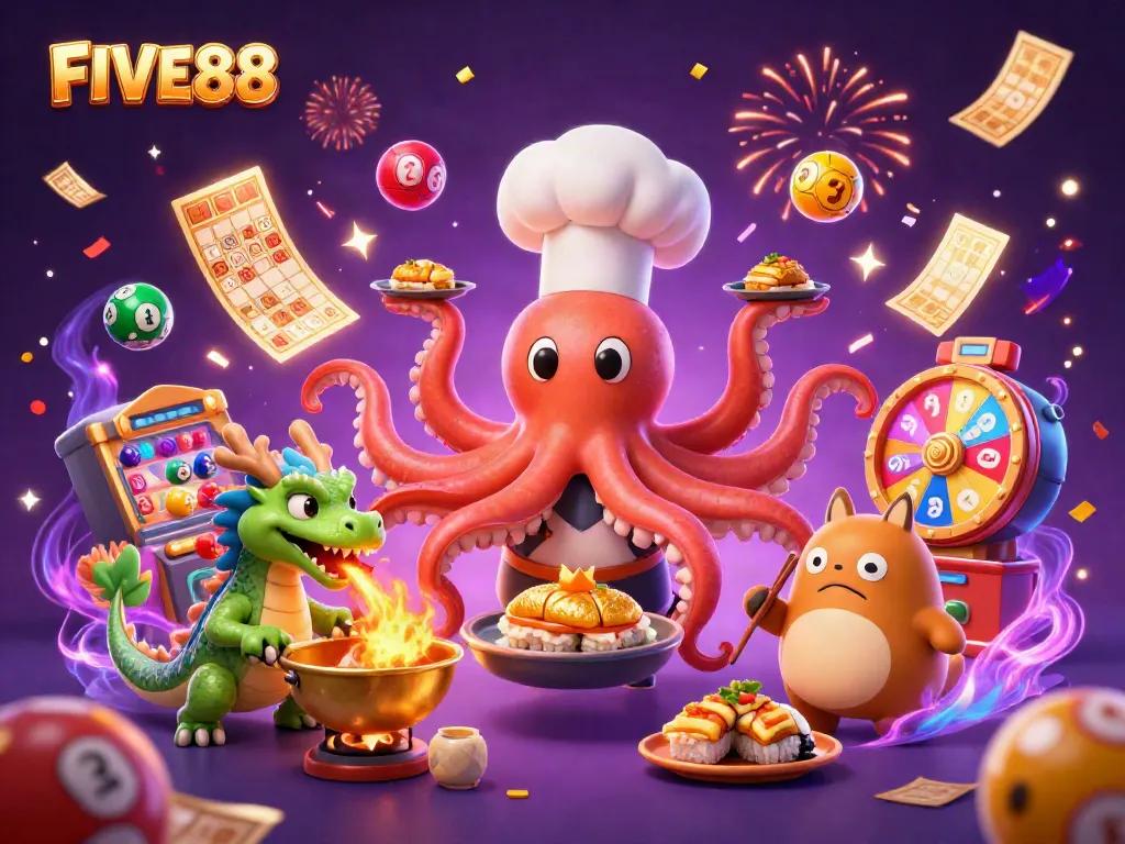 Experience breathtaking gambling action with FIVE88 in a vivid 3D cartoon illustration showcasing dynamic gaming elements.