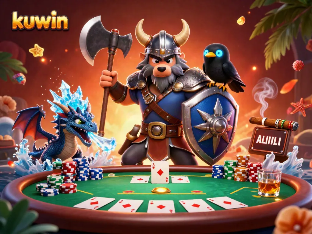 Kuwin's engaging poker scene with a Viking warrior, dragon, and raven, showcasing vibrant casino elements.
