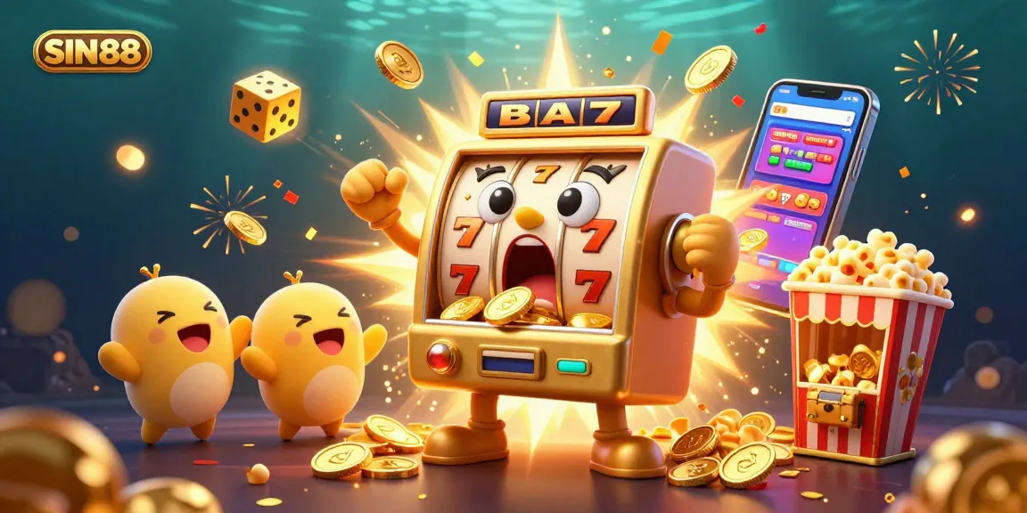 SIN88 slot machine hitting a jackpot surrounded by cheering mini machines and golden coins flying