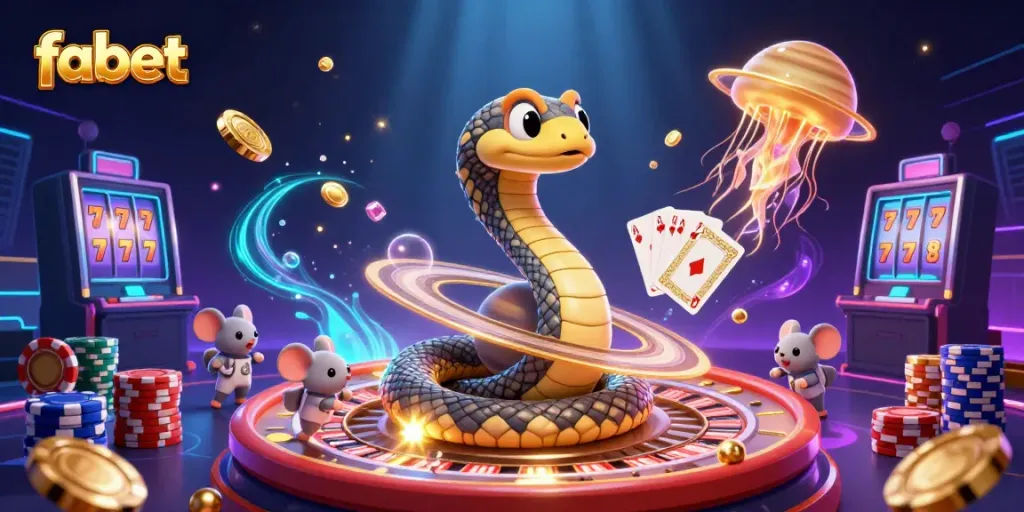 Experience the thrill of gambling with fabet featuring a charismatic cosmic dealer in a vibrant, rich 3D casino scene.