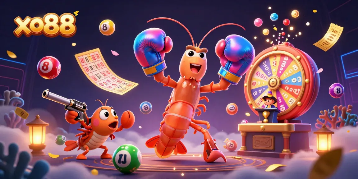 Join the excitement at xo88 with dynamic lottery balls, colorful prizes, and vibrant casino characters!