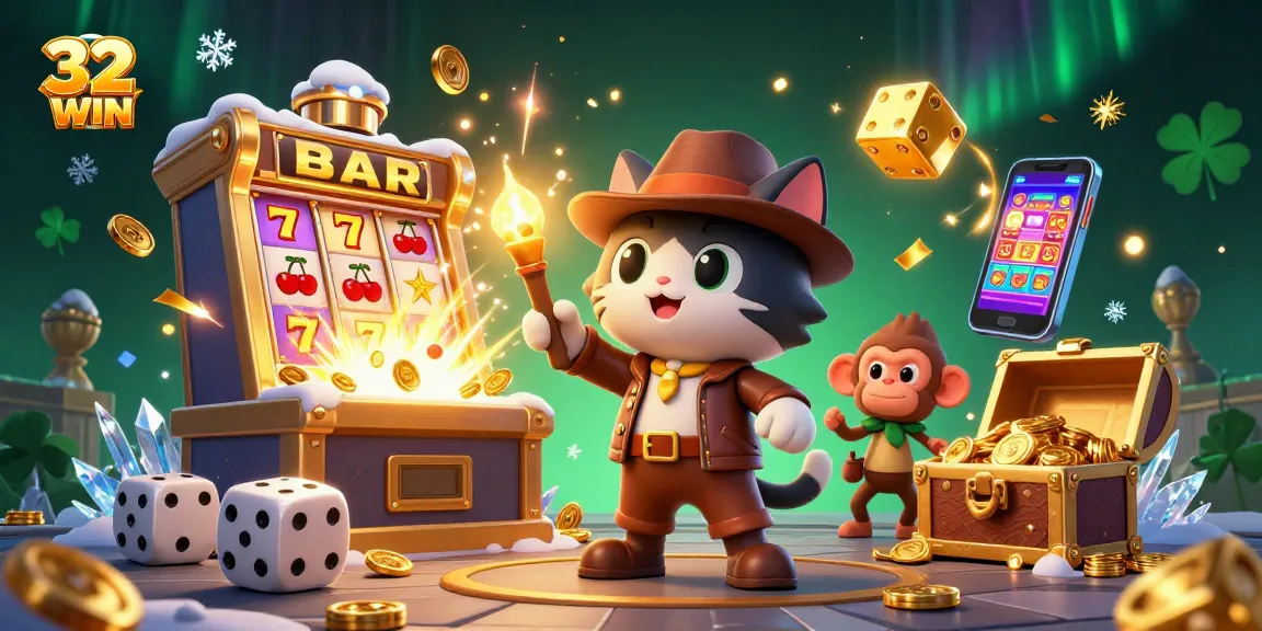 Experience exhilarating gameplay with 32WIN as a cat explorer finds a golden casino artefact.