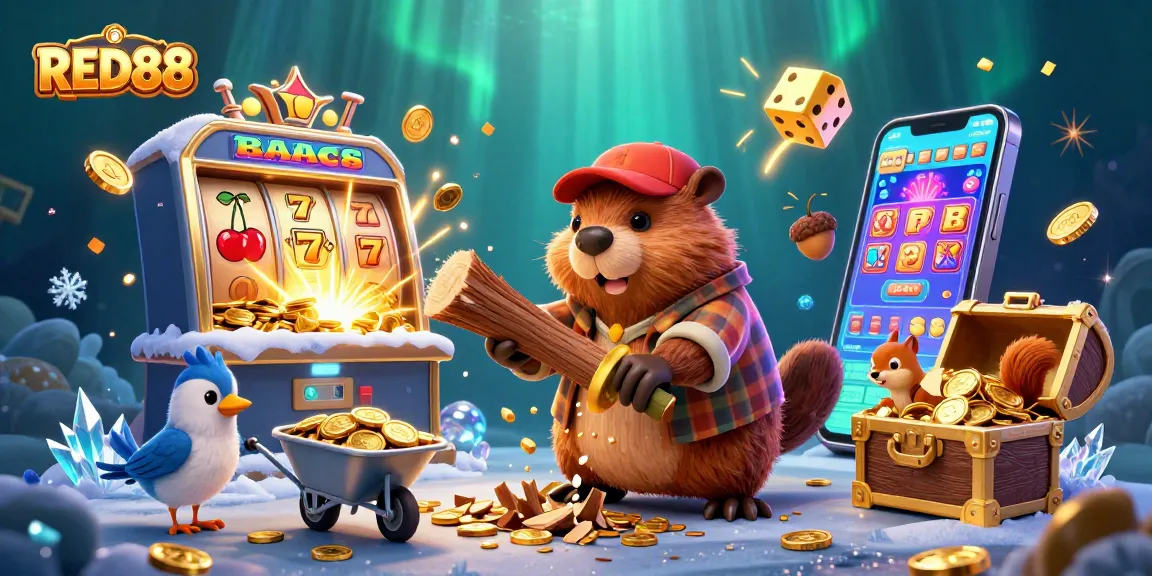 Experience the excitement of RED88 as the cartoon lumberjack beaver collects coins in a vibrant casino setting.