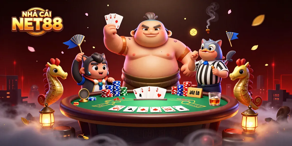 Engage with NHÀ CÁI NET88's vibrant gaming scene featuring the lucky 3D fugu in action with poker elements.