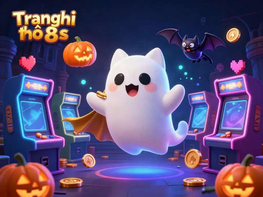 Experience the vibrant energy of Trang chủ 8s with a friendly ghost cat and vampire bat in a haunted casino setting.