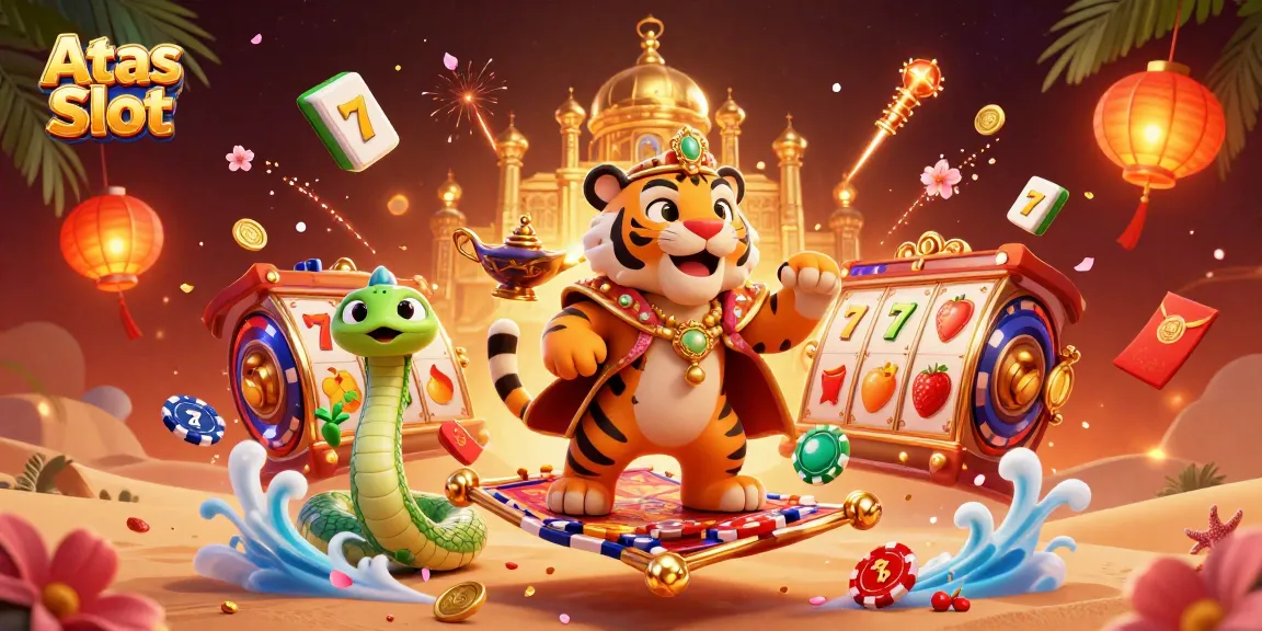 Atas Slot showcases a vibrant, action-packed illustration of gaming victories and high payout potential.