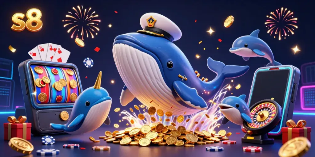 Engage with the vibrant world of s8 as a cartoon whale breaching from a sea of coins, surrounded by playful dolphins and exciting casino elements.