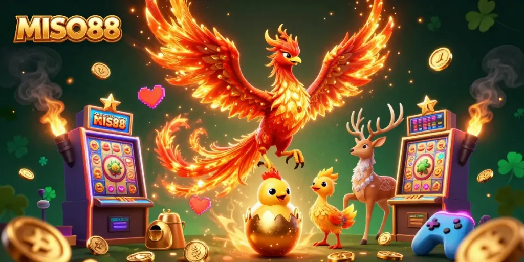 MISO88 offers exhilarating gameplay with vibrant slots and winnings, featuring a phoenix and mystical stag.