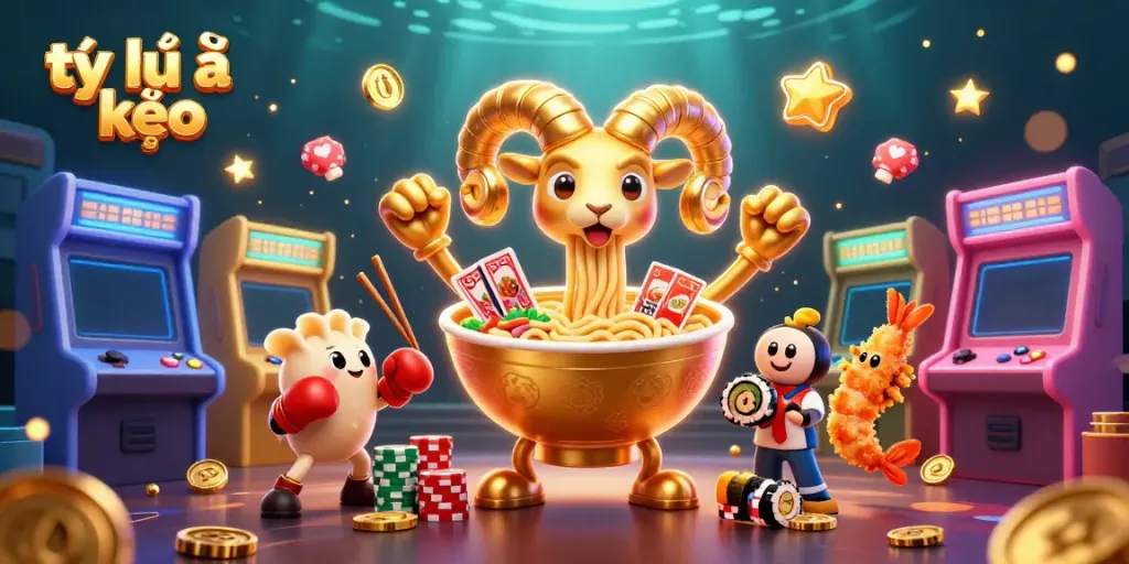 Engaging scene depicting tỷ lệ kèo with playful characters including a giant ramen bowl and gyoza in a vibrant casino setting.