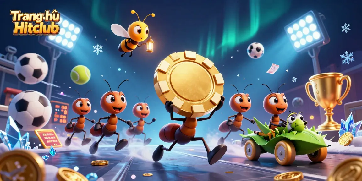 Experience exciting gameplay with Trang chủ Hitclub while ants carry a giant poker chip in this vibrant illustration.