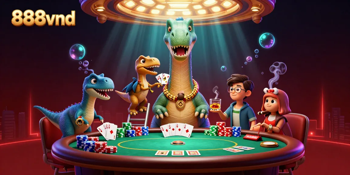 Experience 888vnd with a towering brontosaurus dealer at an exciting poker table.