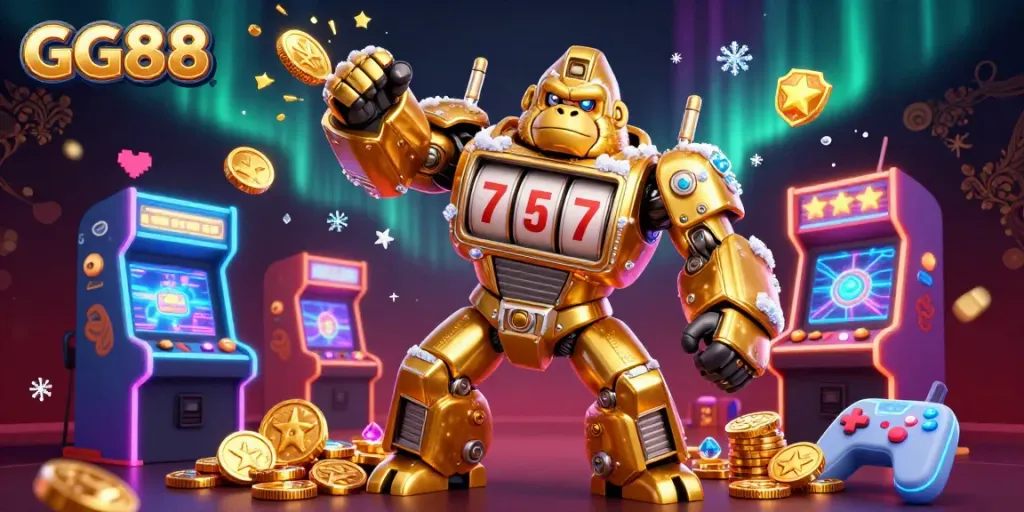 GG88 showcases an exciting 3D casino scene with a golden gorilla mech and vibrant arcade elements.
