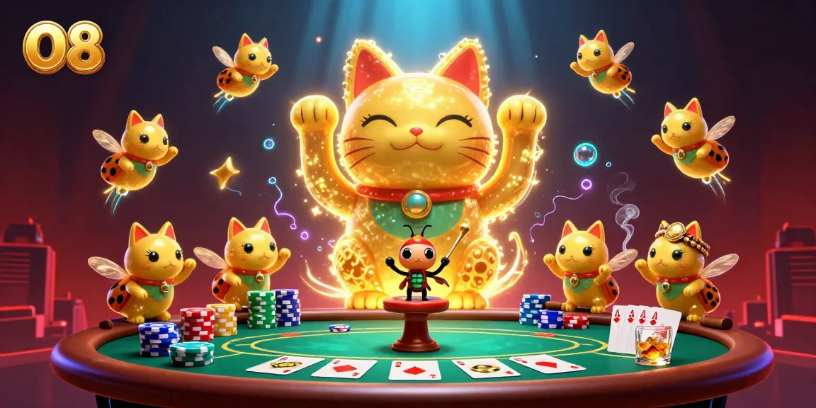 Engage with the O8 casino experience, showcasing vibrant fireflies forming a magical lucky cat surrounded by a lavish poker setup.