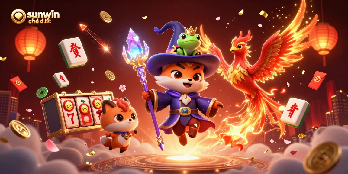 Engage with the vibrant world of sunwin chính thức, showcasing a mystical fox wizard amidst exciting slot reels and dynamic game elements.