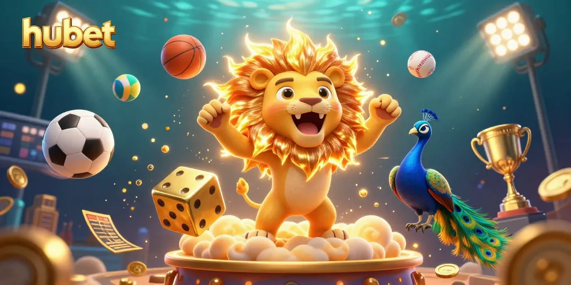 Experience exhilarating moments at hubet with a roaring lion and flying sports elements in this vibrant casino illustration.