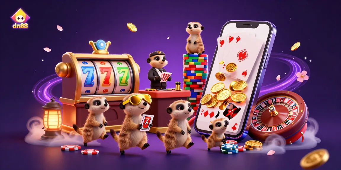Celebrate gaming wins with dn88's vibrant meerkat casino scene filled with slots and excitement.